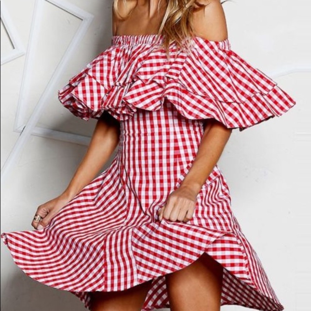 Gingham Off The Shoulder Dress